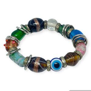 Glass Beaded Evil Eye Elastic Charm Bracelet Multi Colored Charms